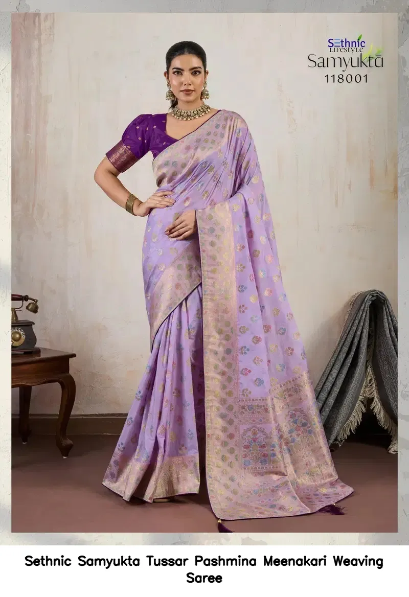 Sethnic Samyukta Tussar Pashmina Meenakari Weaving Saree — Wholesale Sarees, Sethnic wholesale from Surat — view 5