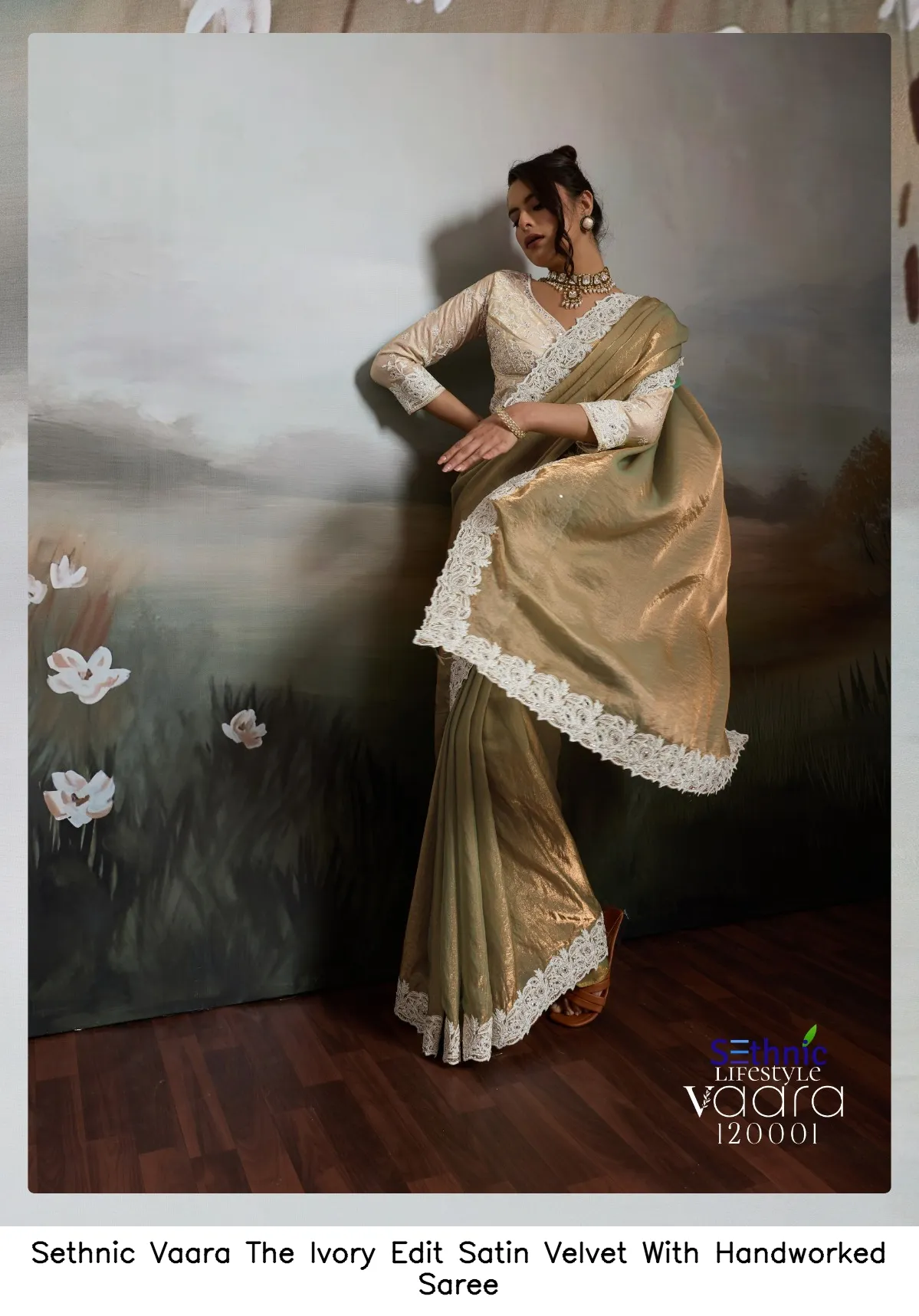 Sethnic Vaara The Ivory Edit Satin Velvet With Handworked Saree — Wholesale Sarees, Sethnic wholesale from Surat — view 2