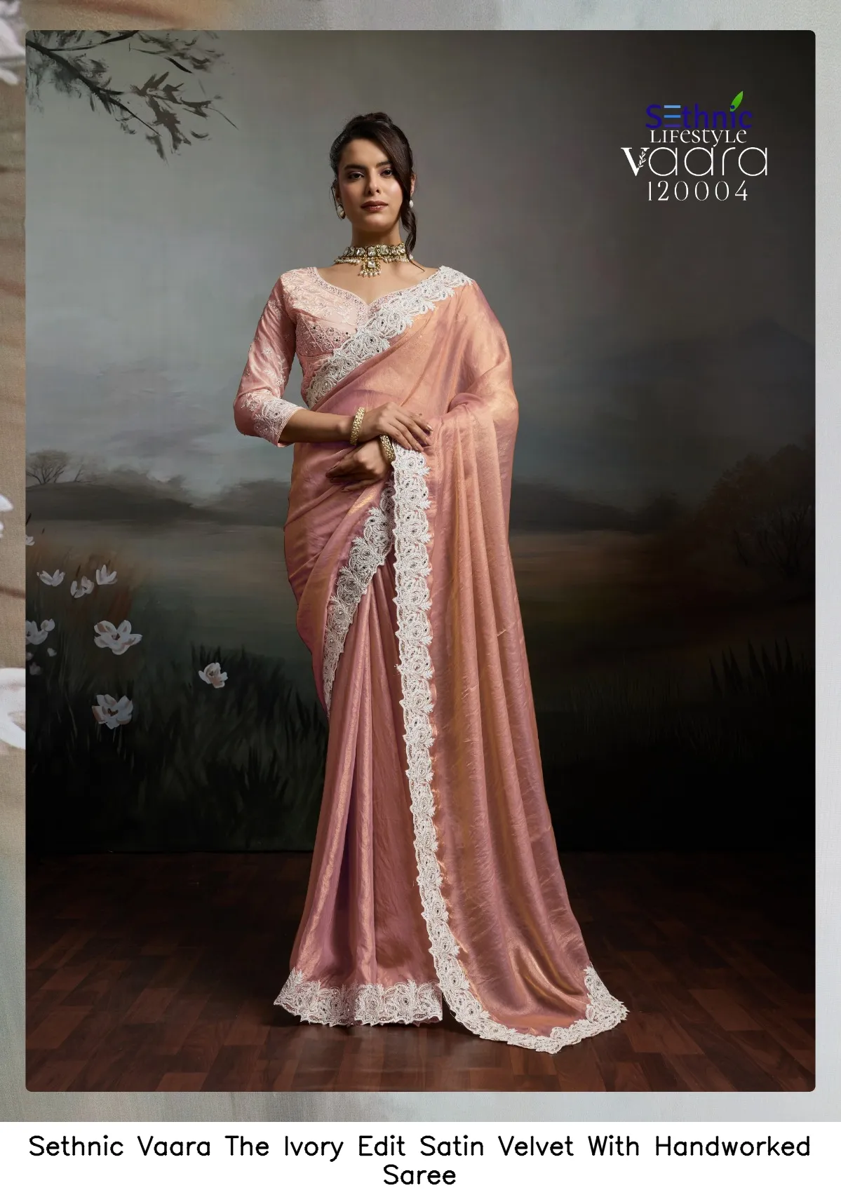 Sethnic Vaara The Ivory Edit Satin Velvet With Handworked Saree — Wholesale Sarees, Sethnic wholesale from Surat — view 3