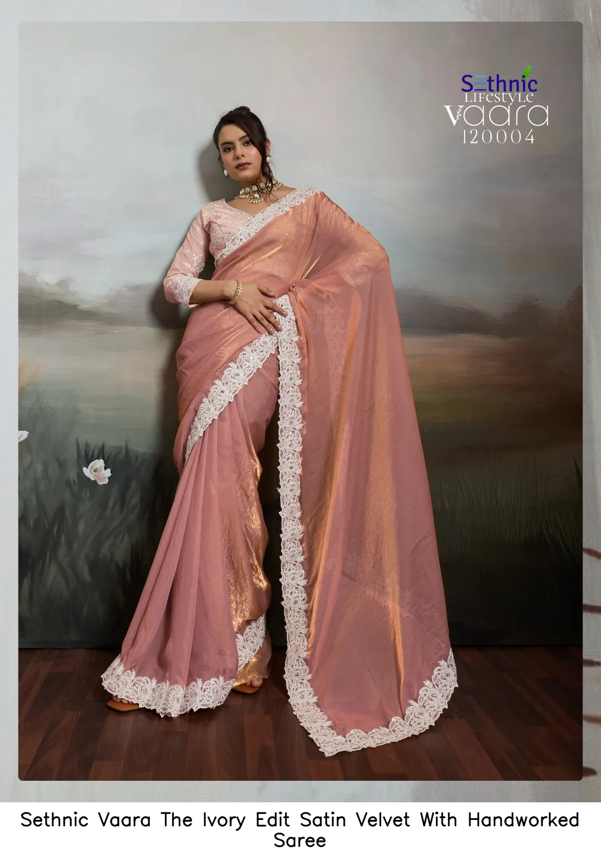 Sethnic Vaara The Ivory Edit Satin Velvet With Handworked Saree — Wholesale Sarees, Sethnic wholesale from Surat — view 4
