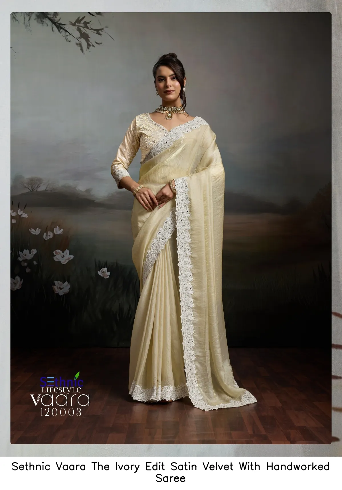 Sethnic Vaara The Ivory Edit Satin Velvet With Handworked Saree — Wholesale Sarees, Sethnic wholesale from Surat — view 5