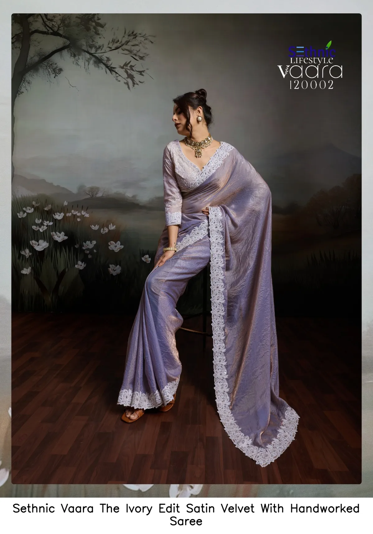 Sethnic Vaara The Ivory Edit Satin Velvet With Handworked Saree — Wholesale Sarees, Sethnic wholesale from Surat — view 7