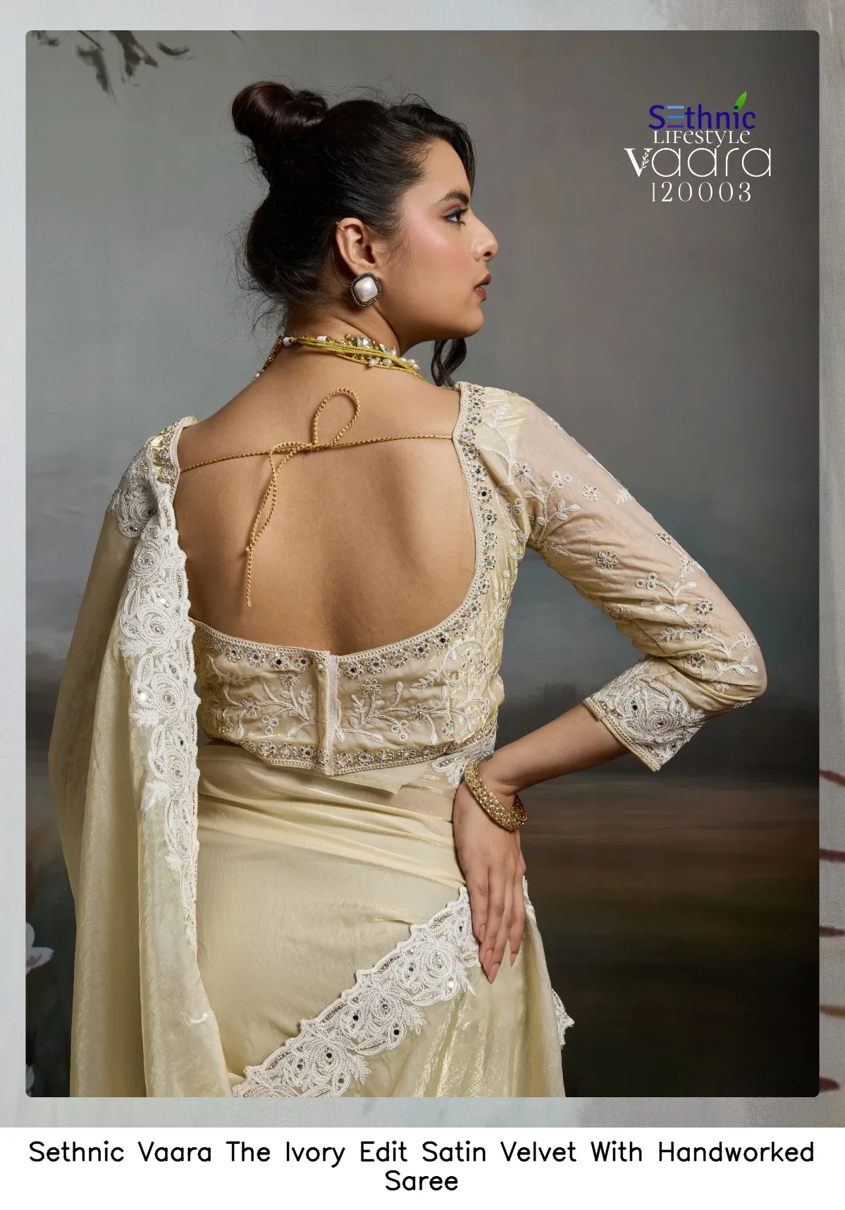 Sethnic Vaara The Ivory Edit Satin Velvet With Handworked Saree — Wholesale Sarees, Sethnic wholesale from Surat — view 8