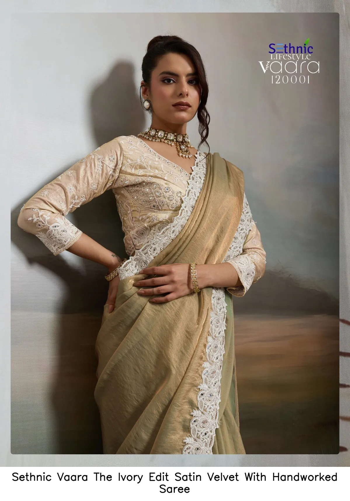 Sethnic Vaara The Ivory Edit Satin Velvet With Handworked Saree — Wholesale Sarees, Sethnic wholesale from Surat — view 9
