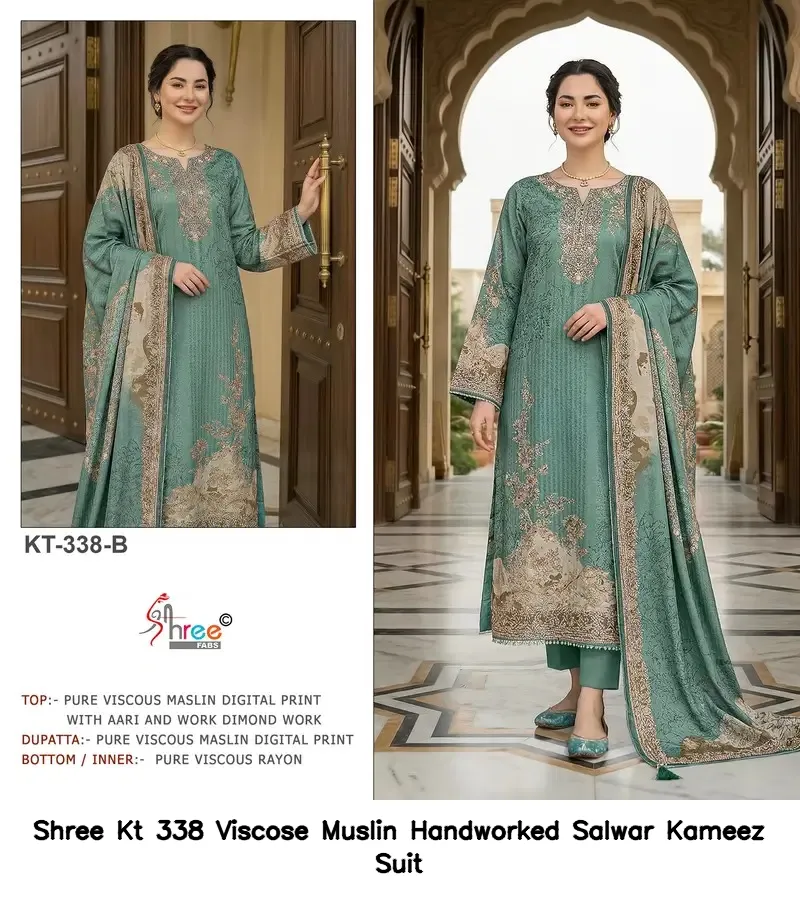 Shree Kt 338 Viscose Muslin Handworked Salwar Kameez Suit — Wholesale Pakistani Suits, Shree wholesale from Surat — view 4