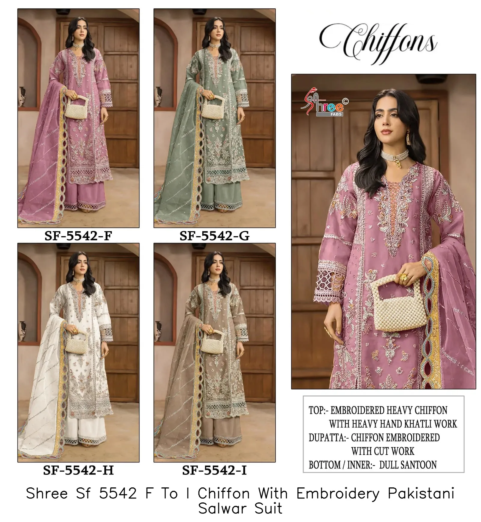 Shree Sf 5542 F To I Chiffon With Embroidery Pakistani Salwar Suit — Details Attached, Wholesale Pakistani Suits, Shree wholesale from Surat — view 2
