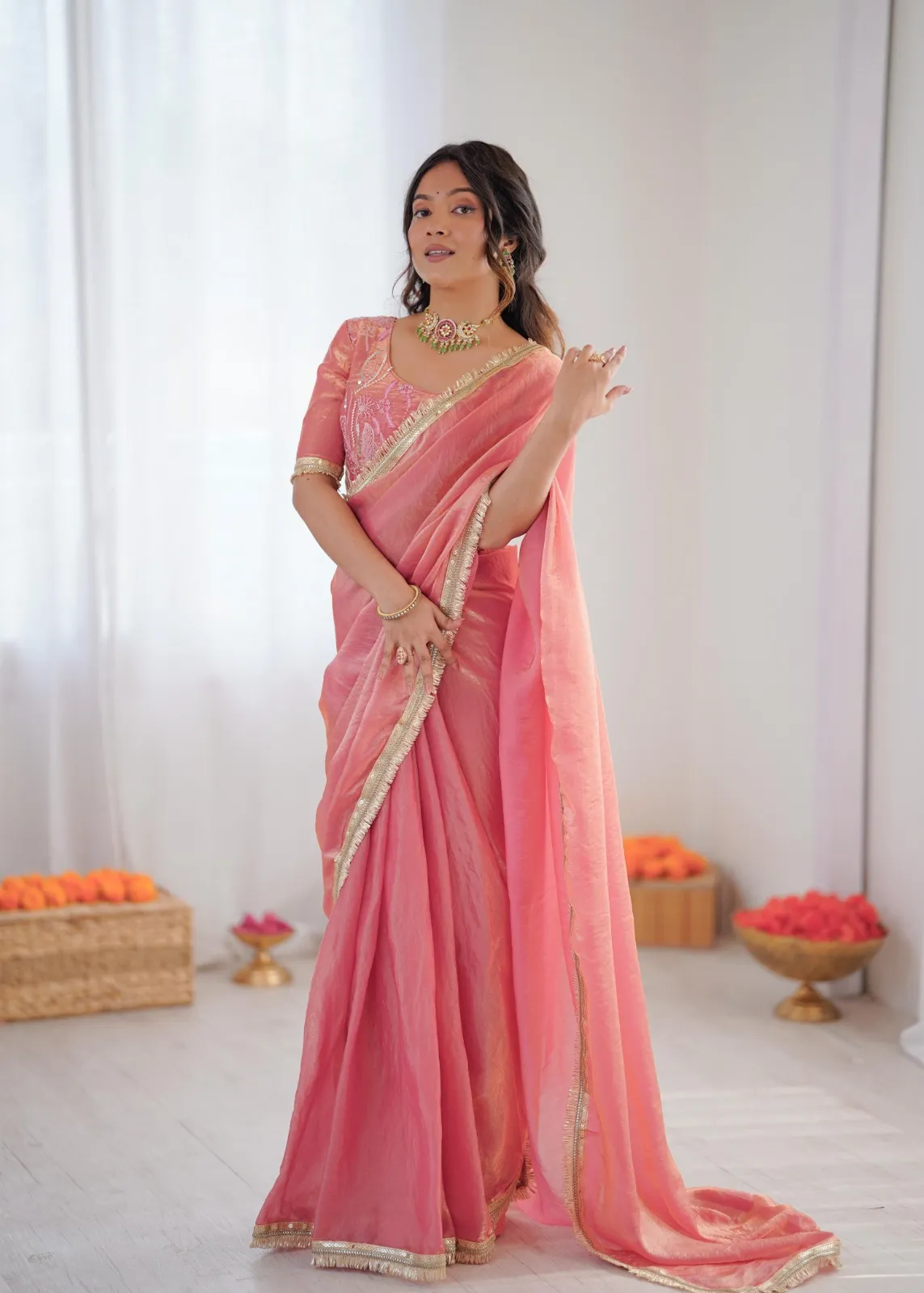 SP-77 Elegance Designer Peach Color Ready to Wear Saree