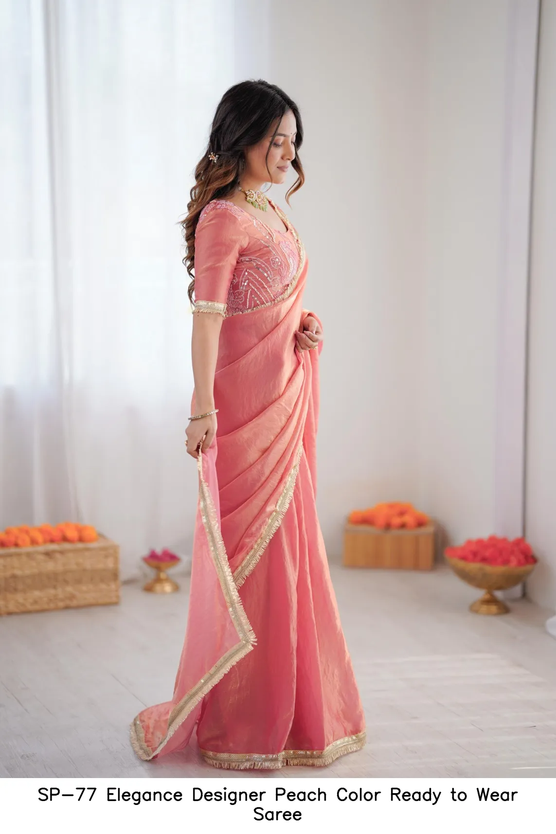 SP-77 Elegance Designer Peach Color Ready to Wear Saree — Wholesale Sarees, Vardan Ethnic wholesale from Surat - Gallery Image 2