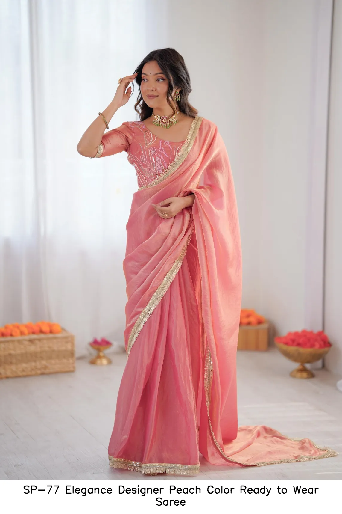 SP-77 Elegance Designer Peach Color Ready to Wear Saree — Wholesale Sarees, Vardan Ethnic wholesale from Surat - Gallery Image 3