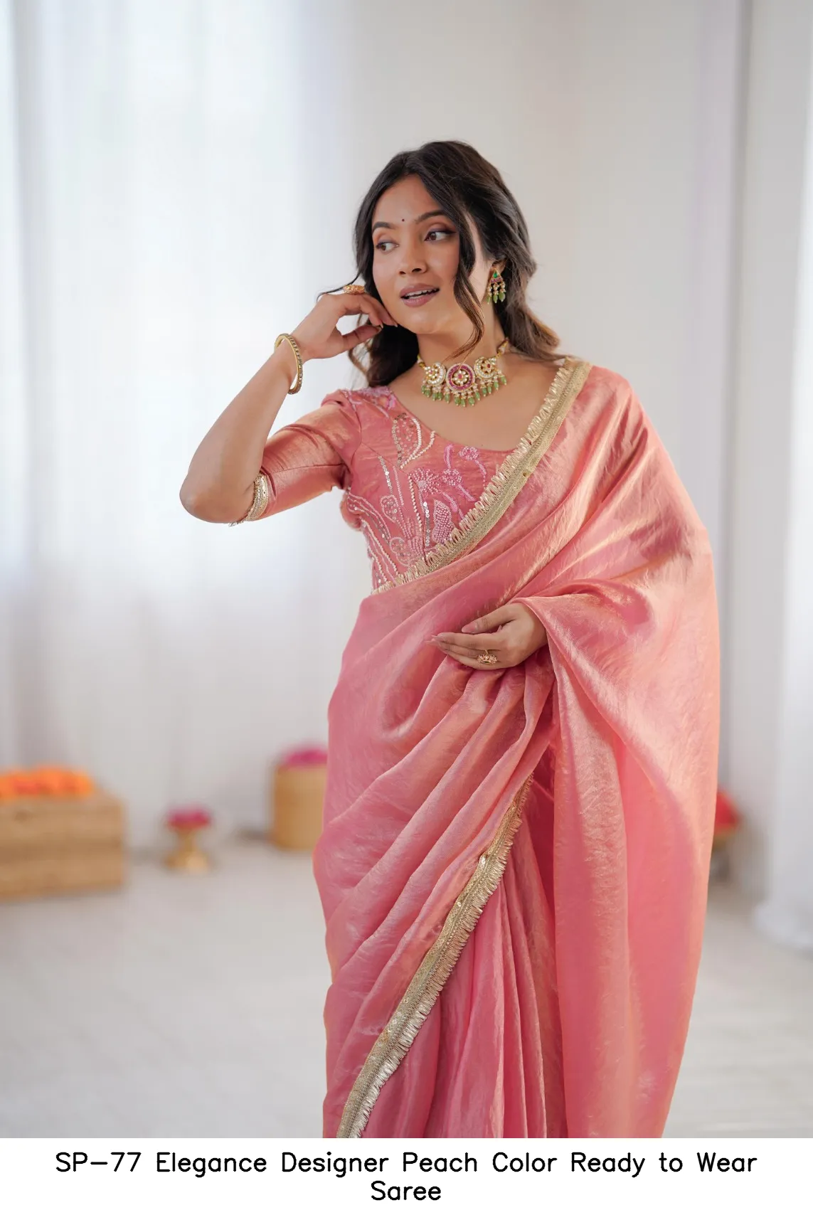 SP-77 Elegance Designer Peach Color Ready to Wear Saree — Wholesale Sarees, Vardan Ethnic wholesale from Surat - Gallery Image 4