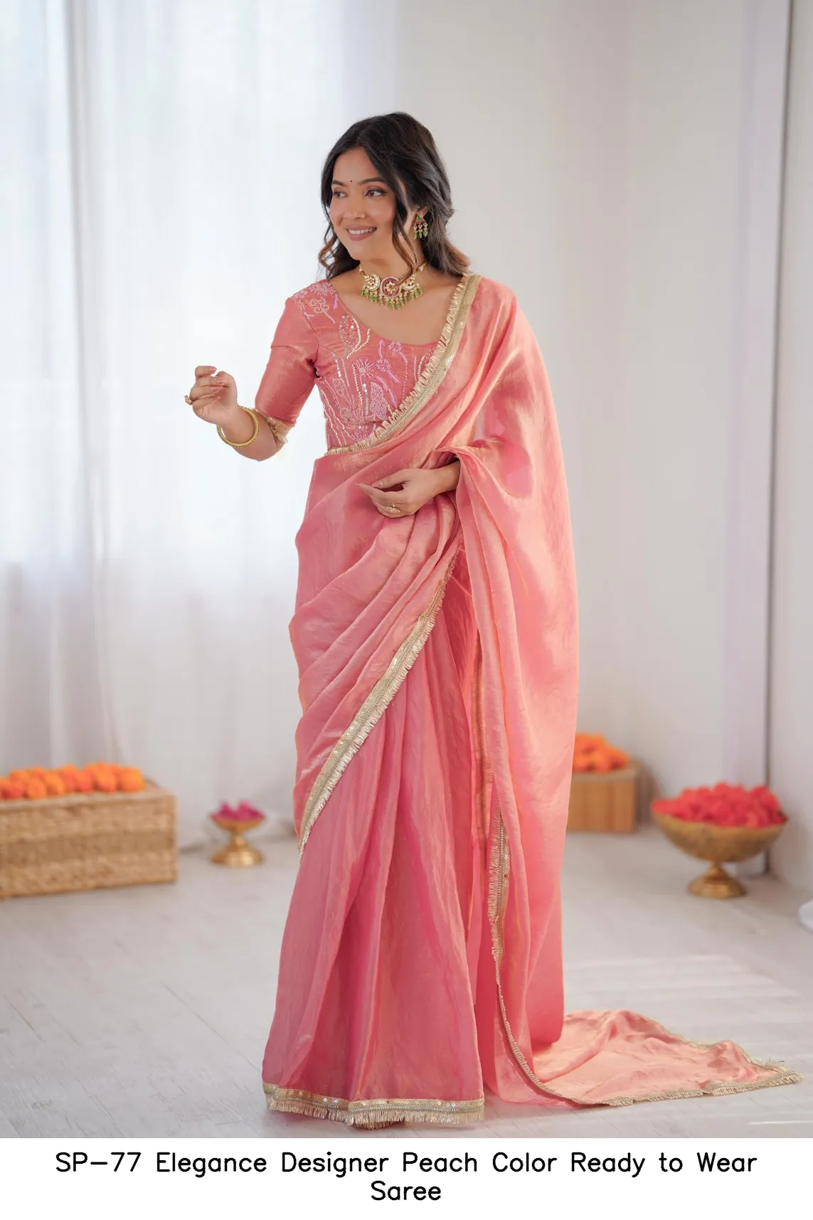 SP-77 Elegance Designer Peach Color Ready to Wear Saree — Wholesale Sarees, Vardan Ethnic wholesale from Surat - Gallery Image 5