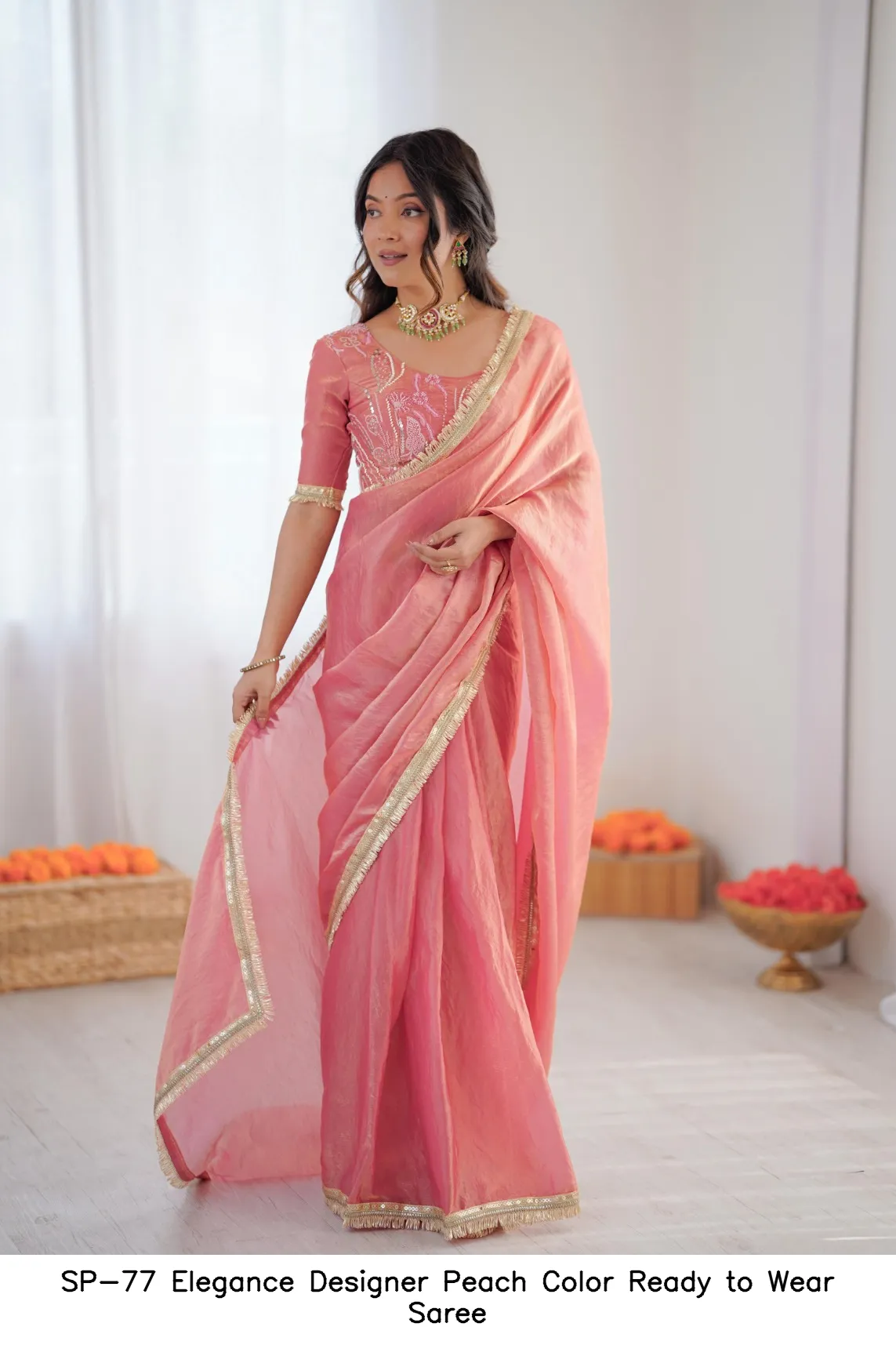 SP-77 Elegance Designer Peach Color Ready to Wear Saree — Wholesale Sarees, Vardan Ethnic wholesale from Surat — view 6