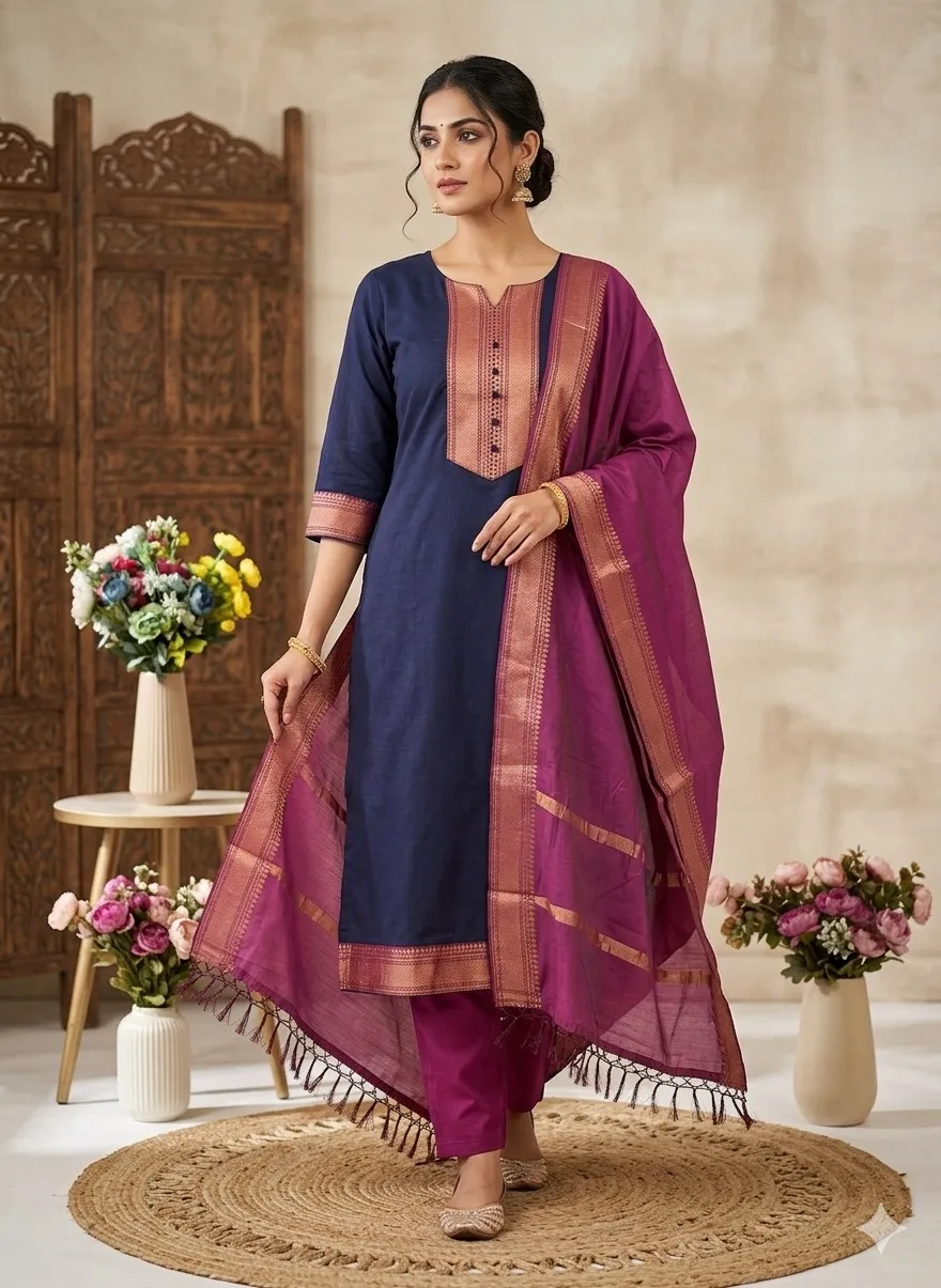 Summer Cotton With Zari Work Kurti With Bottom Dupatta Set — Wholesale Cotton Kurti Pant Set, Vardan Ethnic wholesale from Surat — view 1
