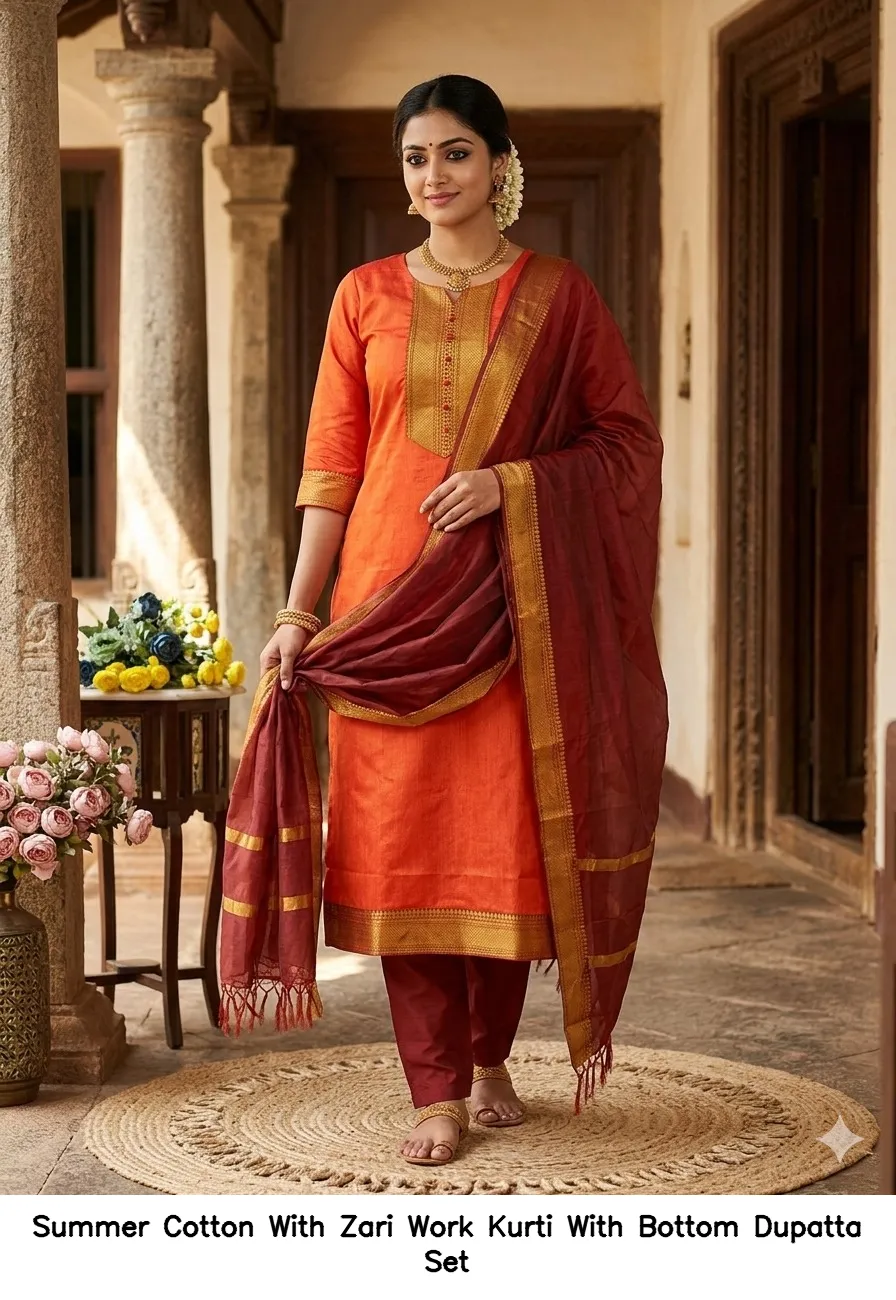 Summer Cotton With Zari Work Kurti With Bottom Dupatta Set — Wholesale Cotton Kurti Pant Set, Vardan Ethnic wholesale from Surat - Gallery Image 2