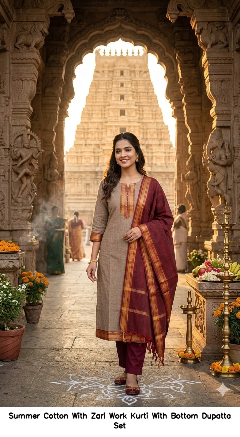 Summer Cotton With Zari Work Kurti With Bottom Dupatta Set — Wholesale Cotton Kurti Pant Set, Vardan Ethnic wholesale from Surat - Gallery Image 3