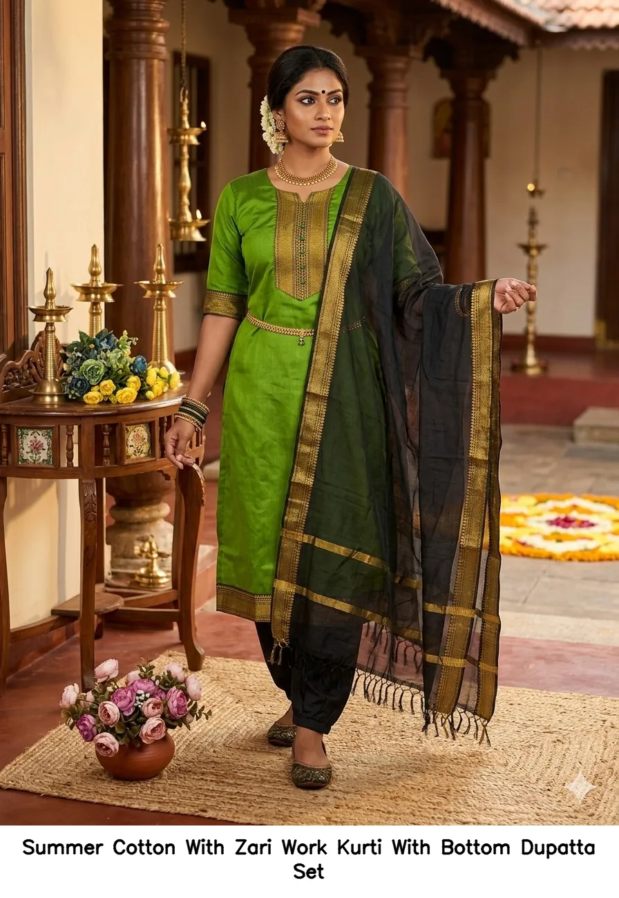 Summer Cotton With Zari Work Kurti With Bottom Dupatta Set — Wholesale Cotton Kurti Pant Set, Vardan Ethnic wholesale from Surat - Gallery Image 4