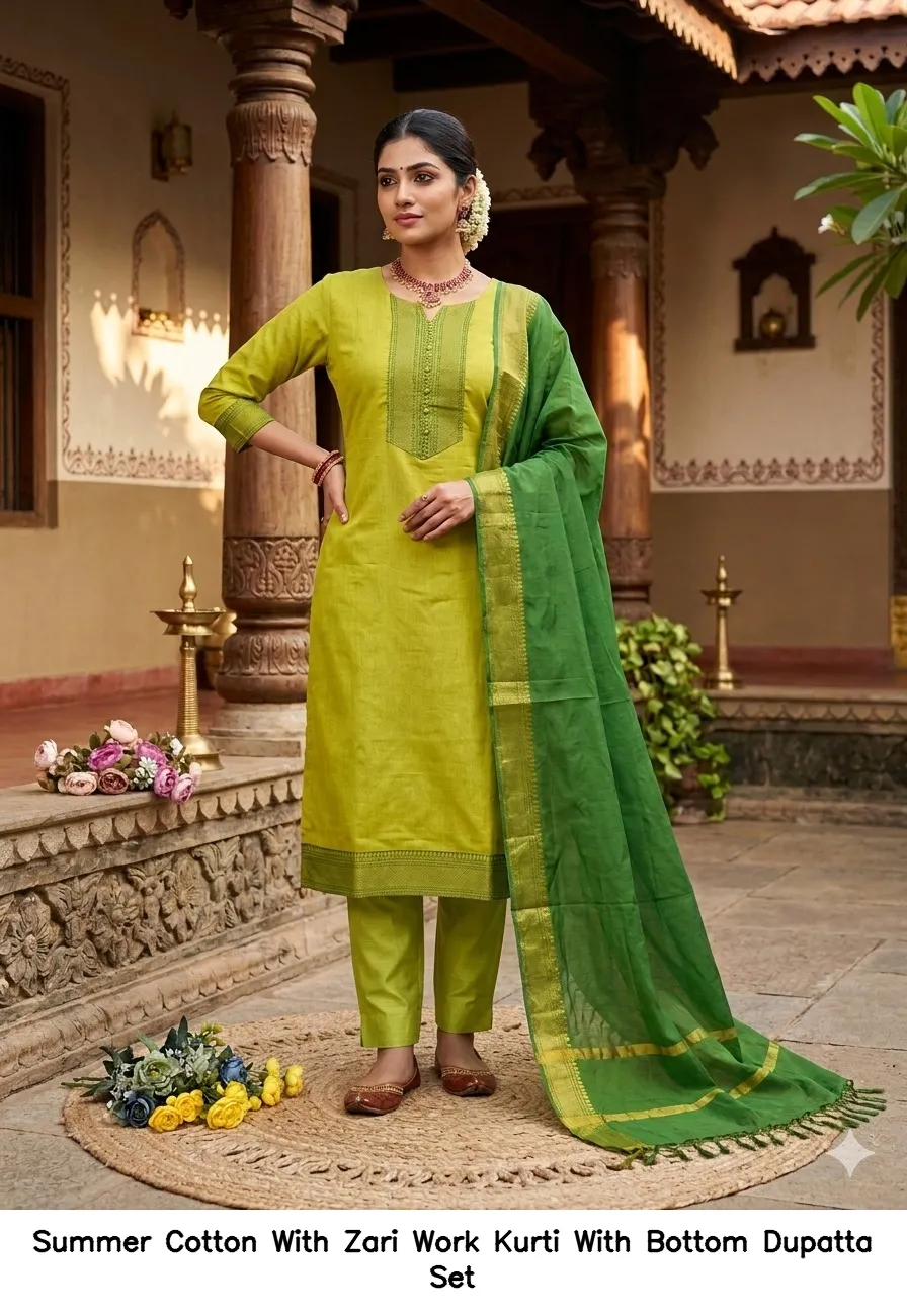Summer Cotton With Zari Work Kurti With Bottom Dupatta Set — Wholesale Cotton Kurti Pant Set, Vardan Ethnic wholesale from Surat — view 5