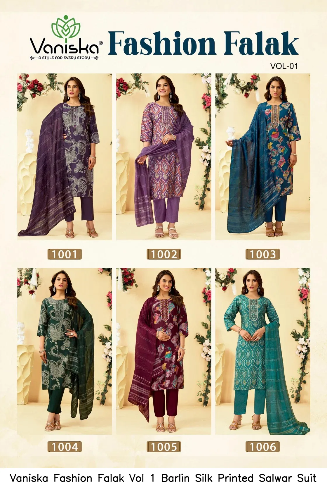 Vaniska Fashion Falak Vol 1 Barlin Silk Printed Salwar Suit — Wholesale Kurti With Bottom Dupatta, Vaniska wholesale from Surat - Gallery Image 2