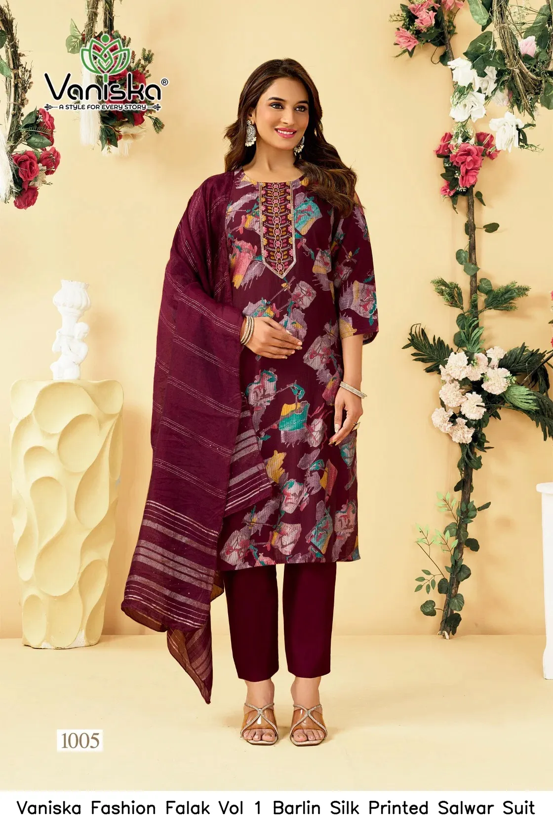 Vaniska Fashion Falak Vol 1 Barlin Silk Printed Salwar Suit — Wholesale Kurti With Bottom Dupatta, Vaniska wholesale from Surat - Gallery Image 3