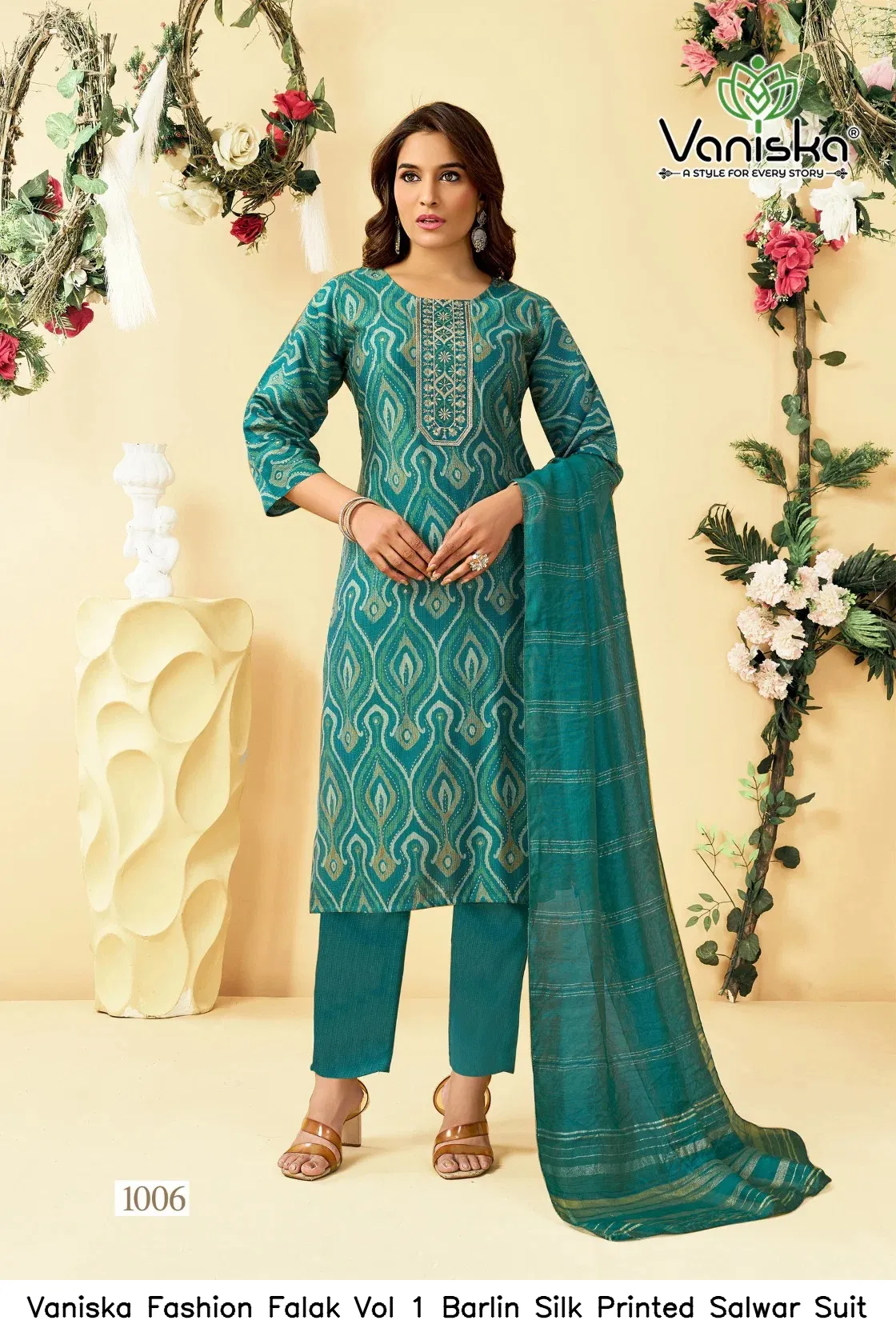 Vaniska Fashion Falak Vol 1 Barlin Silk Printed Salwar Suit — Wholesale Kurti With Bottom Dupatta, Vaniska wholesale from Surat - Gallery Image 4