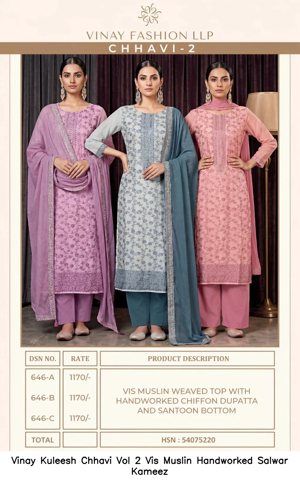 Vinay Kuleesh Chhavi Vol 2 Vis Muslin Handworked Salwar Kameez — Wholesale Salwar Suits, Vinay wholesale from Surat — view 2