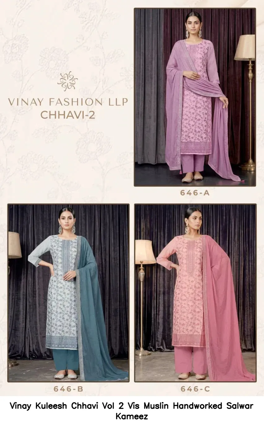 Vinay Kuleesh Chhavi Vol 2 Vis Muslin Handworked Salwar Kameez — Wholesale Salwar Suits, Vinay wholesale from Surat — view 3