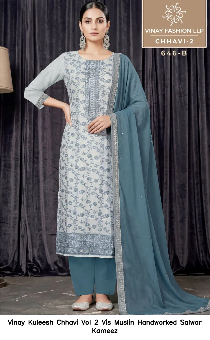 Vinay Kuleesh Chhavi Vol 2 Vis Muslin Handworked Salwar Kameez — Wholesale Salwar Suits, Vinay wholesale from Surat — view 4