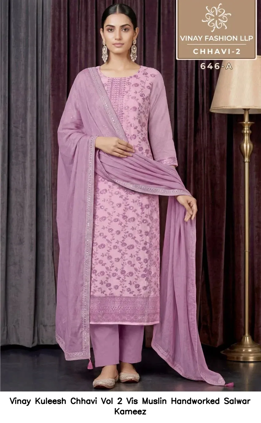 Vinay Kuleesh Chhavi Vol 2 Vis Muslin Handworked Salwar Kameez — Wholesale Salwar Suits, Vinay wholesale from Surat — view 5