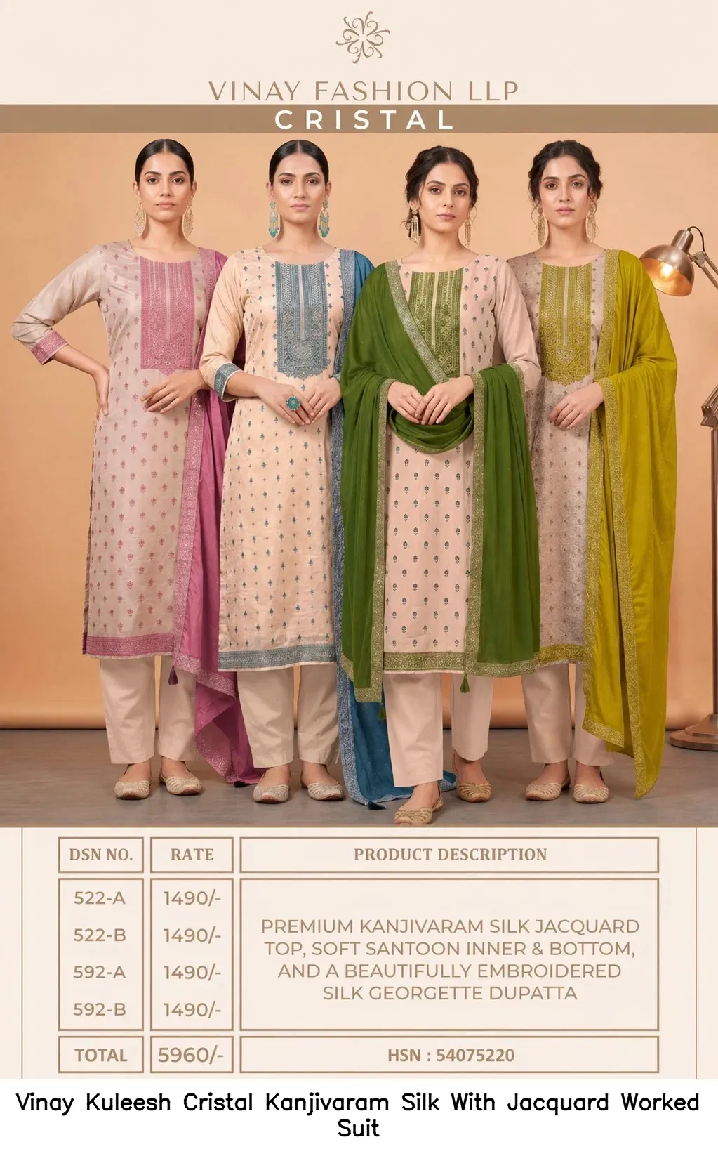 Vinay Kuleesh Cristal Kanjivaram Silk With Jacquard Worked Suit — Wholesale Salwar Suits, Vinay wholesale from Surat — view 4
