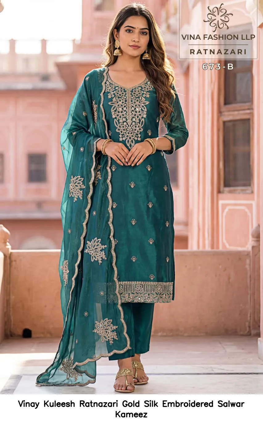 Vinay Kuleesh Ratnazari Gold Silk Embroidered Salwar Kameez — Wholesale Salwar Suits, Vinay wholesale from Surat - Gallery Image 3