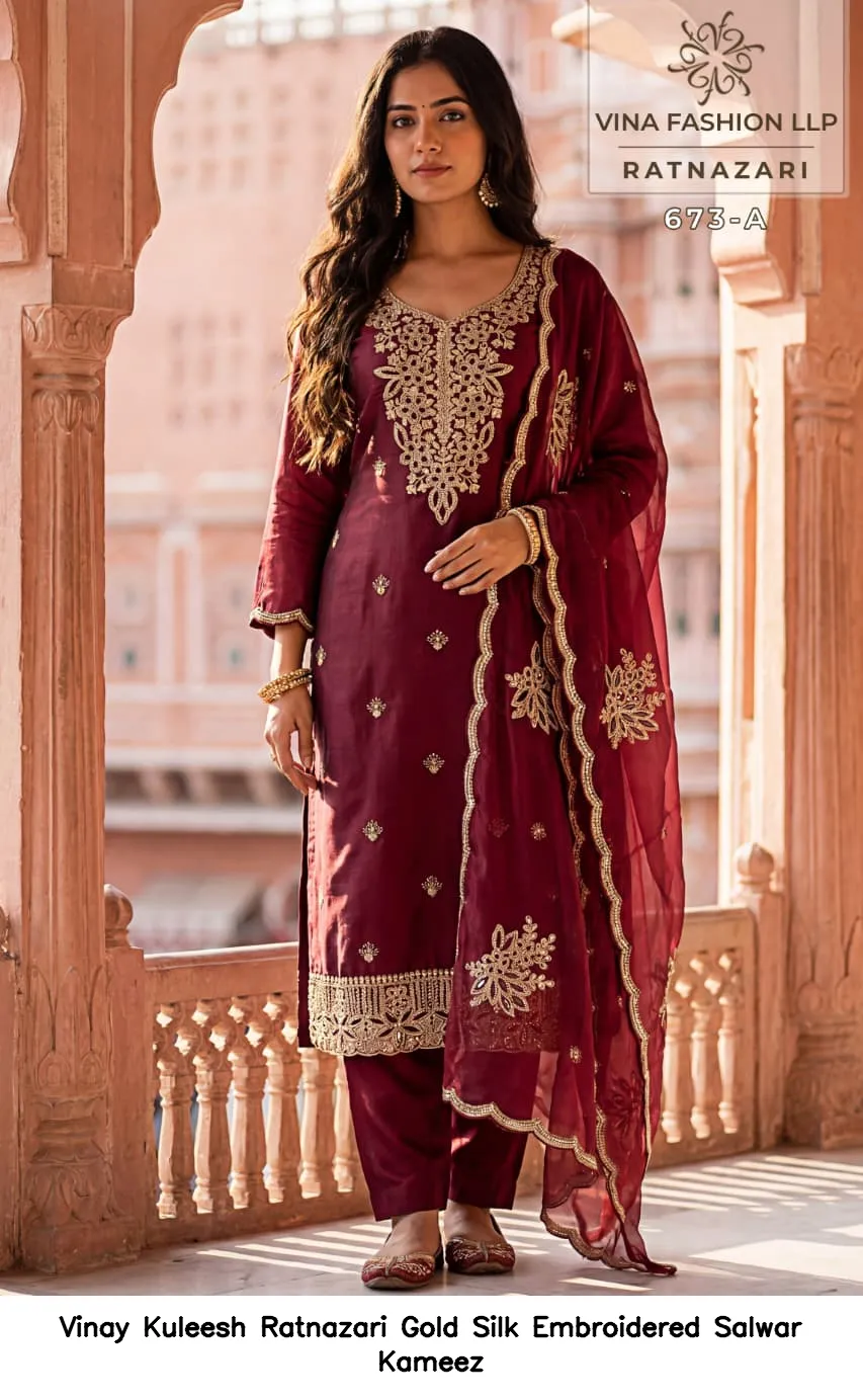 Vinay Kuleesh Ratnazari Gold Silk Embroidered Salwar Kameez — Wholesale Salwar Suits, Vinay wholesale from Surat - Gallery Image 4