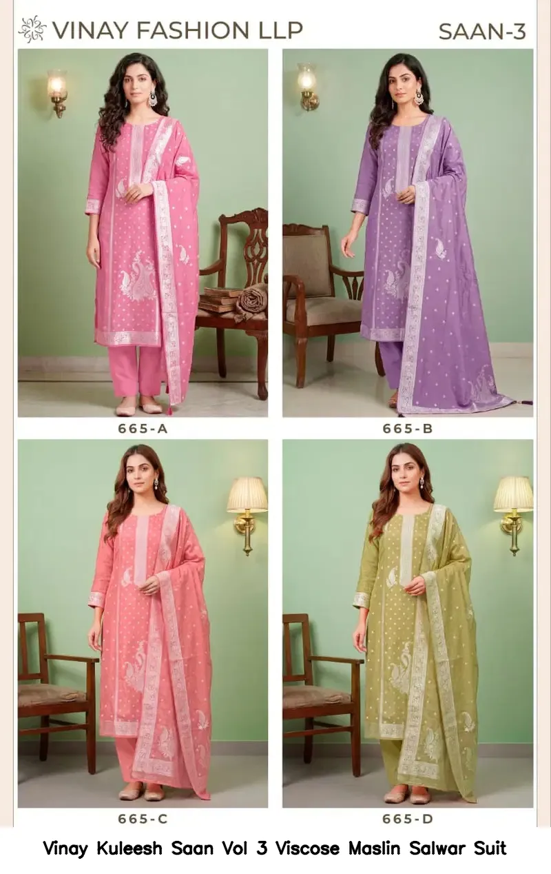 Vinay Kuleesh Saan Vol 3 Viscose Maslin Salwar Suit — Wholesale Salwar Suits, Vinay wholesale from Surat — view 3