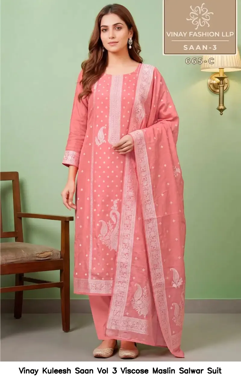 Vinay Kuleesh Saan Vol 3 Viscose Maslin Salwar Suit — Wholesale Salwar Suits, Vinay wholesale from Surat — view 5