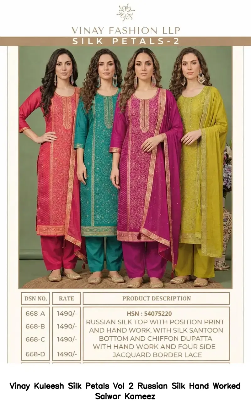 Vinay Kuleesh Silk Petals Vol 2 Russian Silk Hand Worked Salwar Kameez — Wholesale Salwar Suits, Vinay wholesale from Surat — view 2