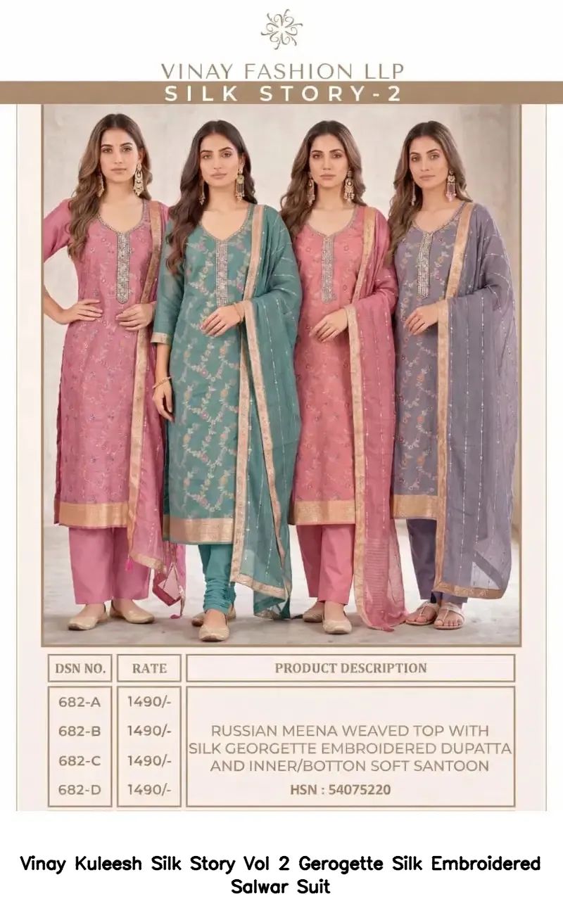 Vinay Kuleesh Silk Story Vol 2 Gerogette Silk Embroidered Salwar Suit — Wholesale Salwar Suits, Vinay wholesale from Surat — view 2