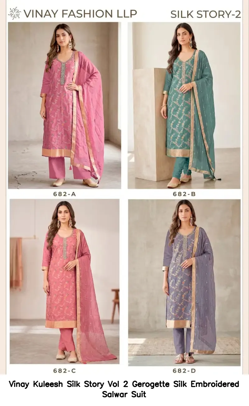 Vinay Kuleesh Silk Story Vol 2 Gerogette Silk Embroidered Salwar Suit — Wholesale Salwar Suits, Vinay wholesale from Surat — view 3