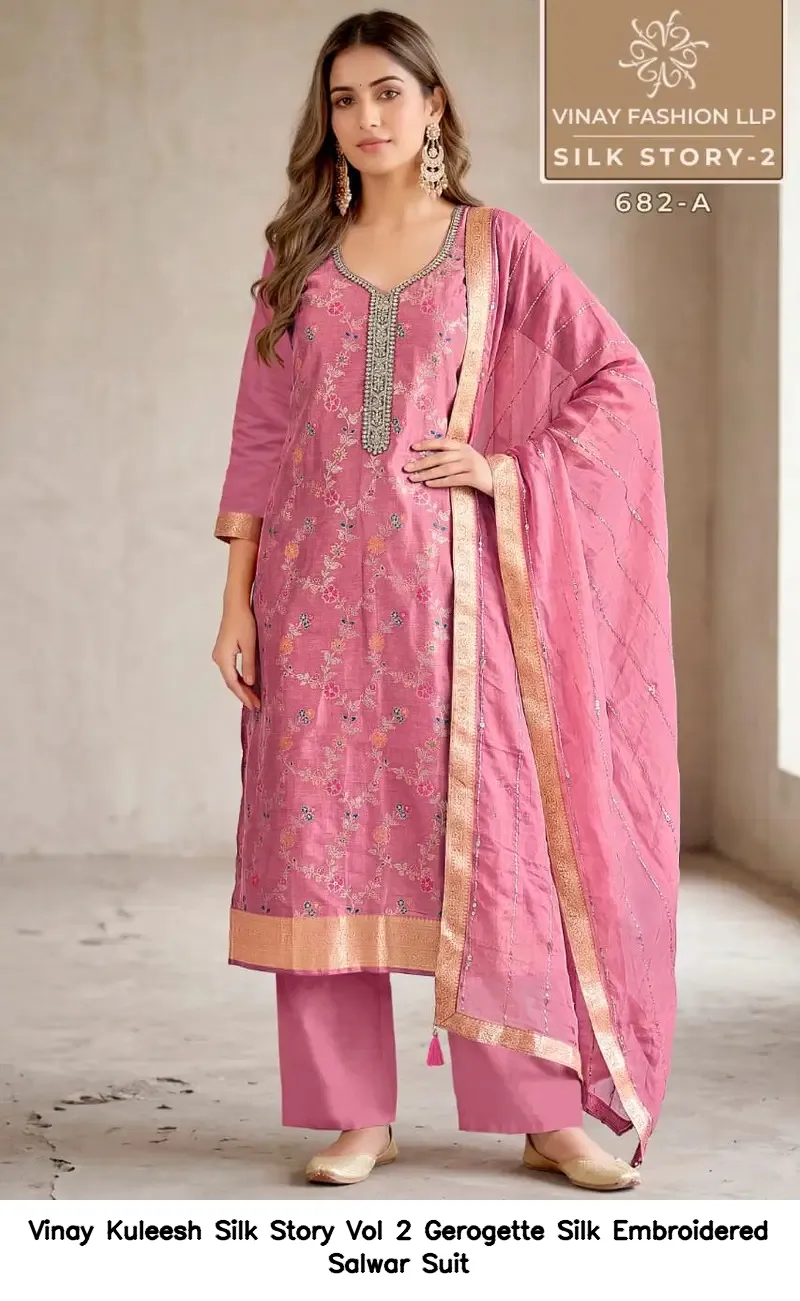 Vinay Kuleesh Silk Story Vol 2 Gerogette Silk Embroidered Salwar Suit — Wholesale Salwar Suits, Vinay wholesale from Surat — view 4