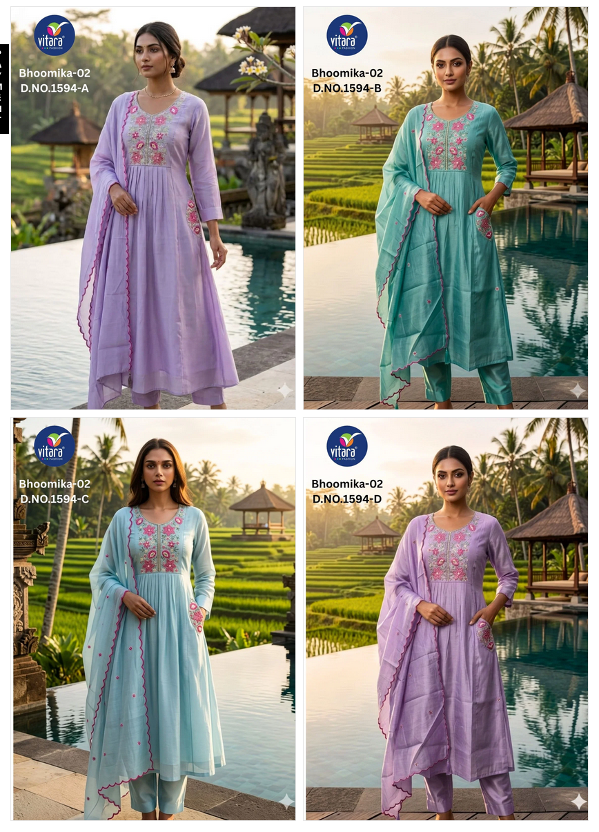 Vitara 1594 A To D Mul Chanderi Kurti Set With Dupatta — Designer Readymade Suits, Vitara Fashion wholesale from Surat — view 2