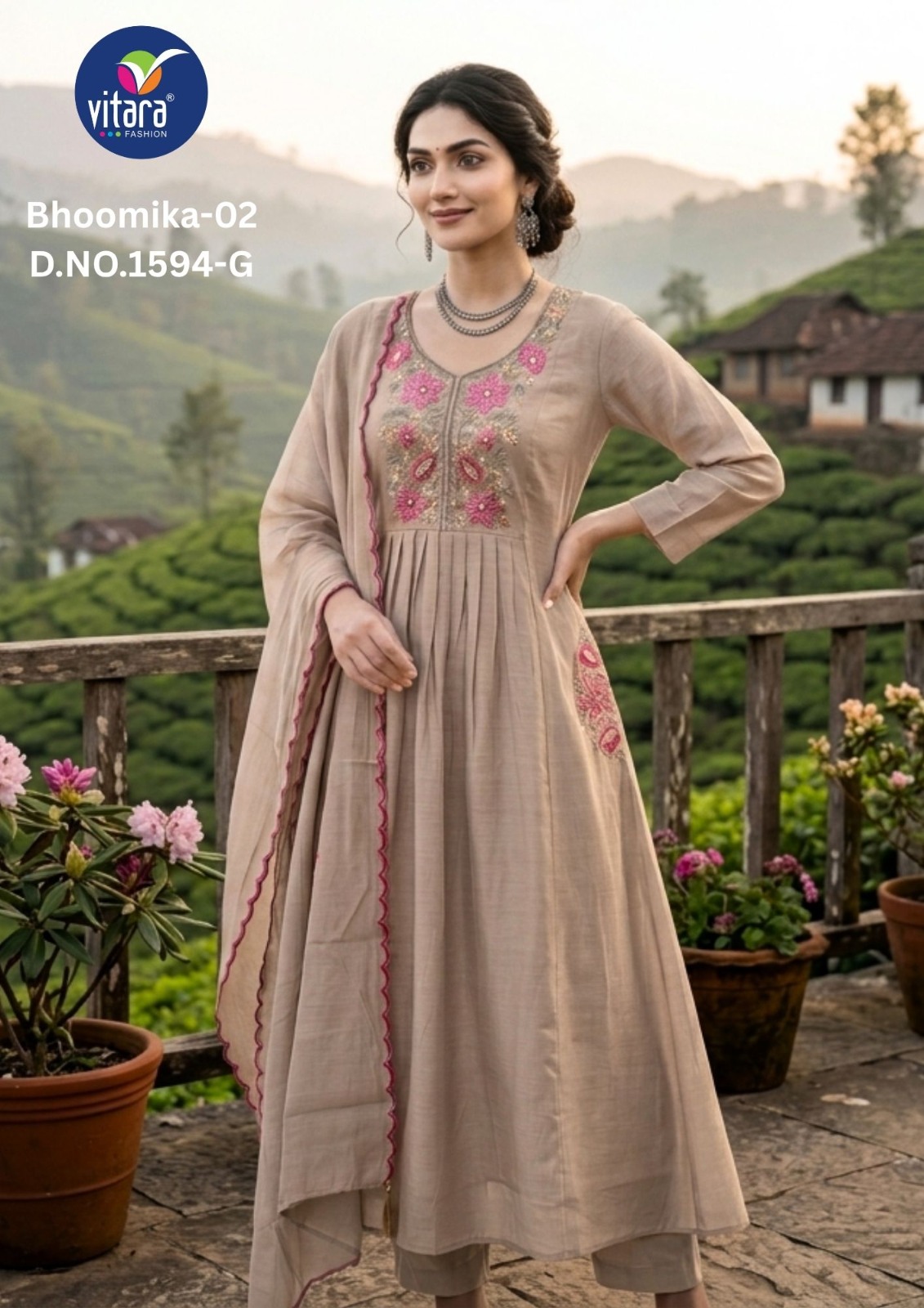 Vitara 1594 E To H Mul Chanderi Kurti Set With Dupatta — Wholesale Anarkali Kurti, Vitara Fashion wholesale from Surat — view 4