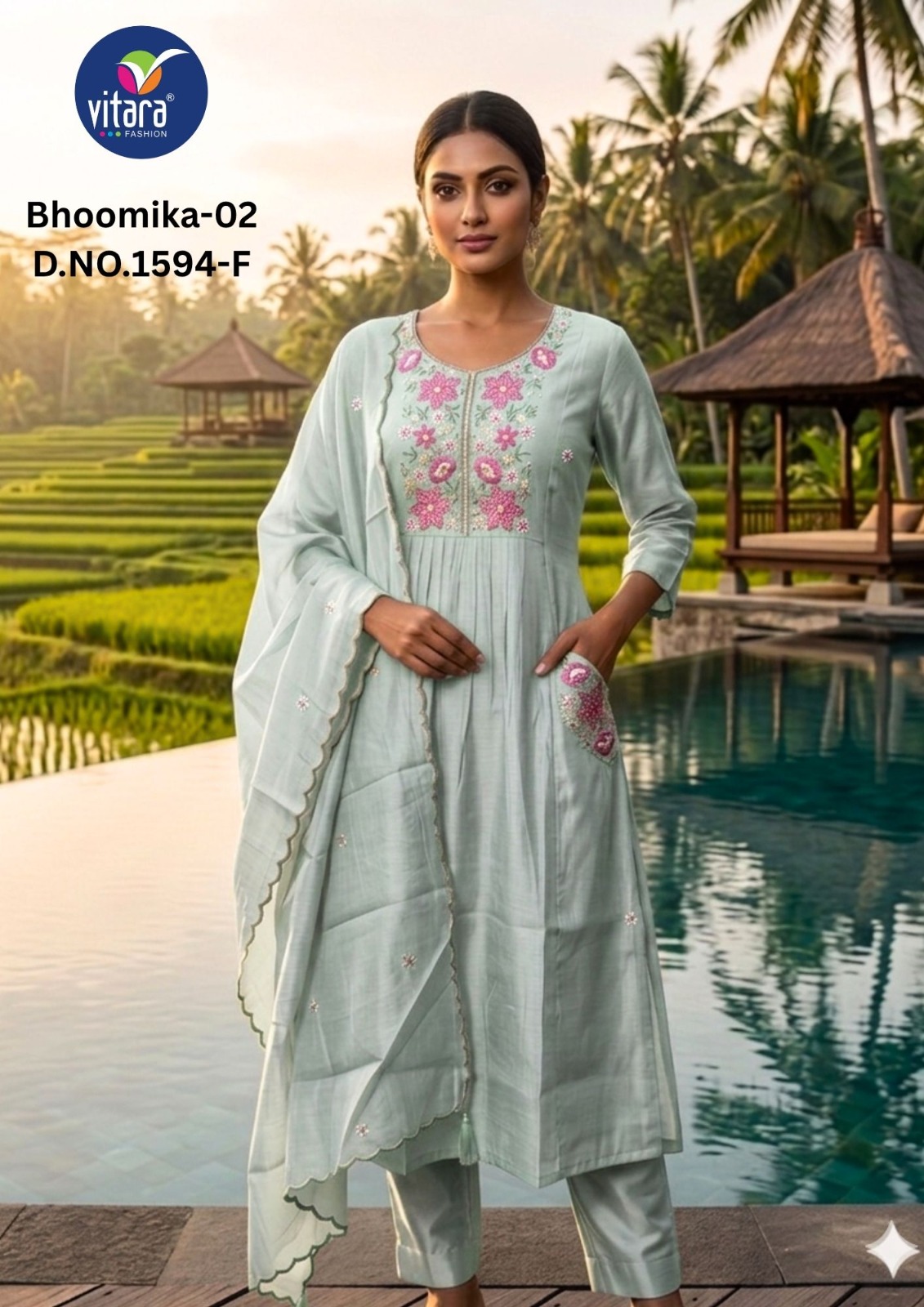 Vitara 1594 E To H Mul Chanderi Kurti Set With Dupatta — Wholesale Anarkali Kurti, Vitara Fashion wholesale from Surat — view 3