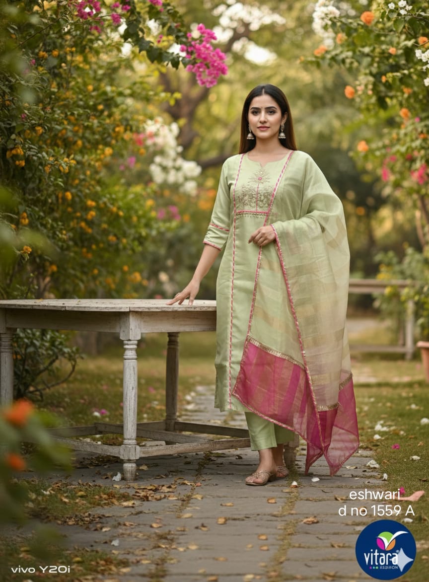 Vitara Eshwari Shimmer Embroidered Kurti Set With Dupatta — Designer Readymade Suits, Vardan Ethnic wholesale from Surat — view 6
