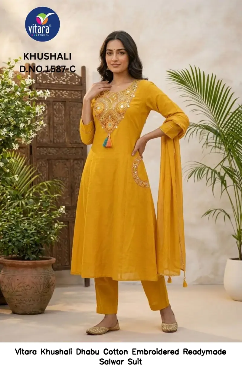 Vitara Khushali Dhabu Cotton Embroidered Readymade Salwar Suit — Wholesale Kurti With Bottom Dupatta, Vitara Fashion wholesale from Surat - Gallery Image 3