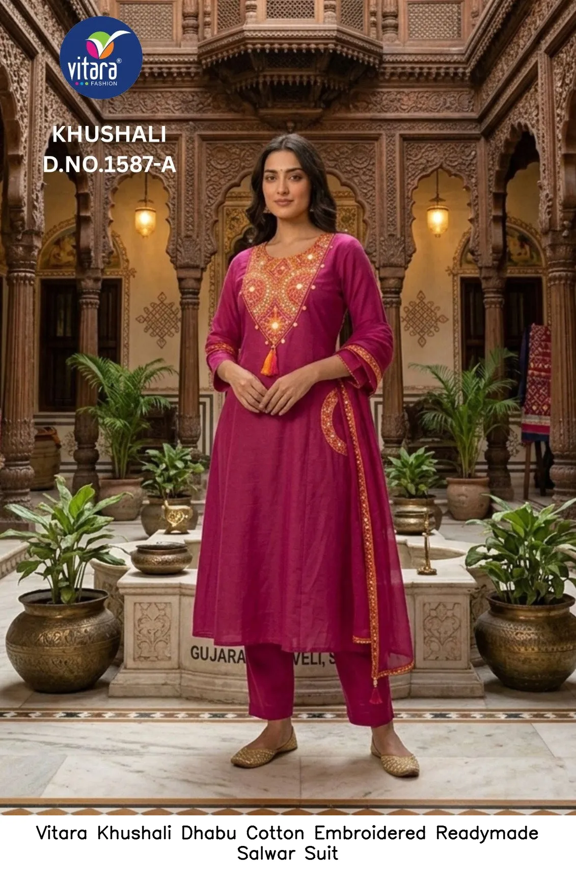 Vitara Khushali Dhabu Cotton Embroidered Readymade Salwar Suit — Wholesale Kurti With Bottom Dupatta, Vitara Fashion wholesale from Surat - Gallery Image 4