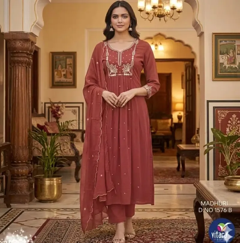Vitara Madhuri Mal Cotton With Embroidered Kurti With Bottom Dupatta Set — Designer Readymade Suits, Vitara Fashion wholesale from Surat — view 1