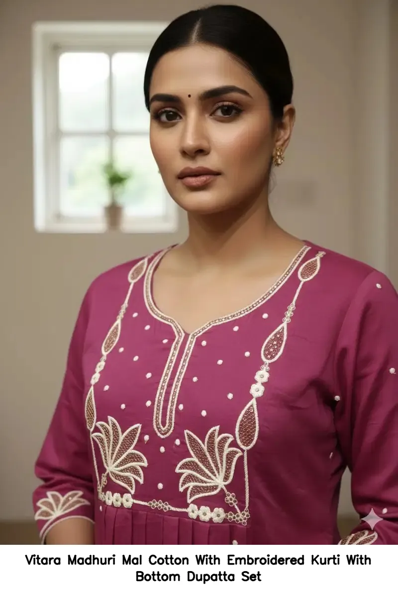 Vitara Madhuri Mal Cotton With Embroidered Kurti With Bottom Dupatta Set — Designer Readymade Suits, Vitara Fashion wholesale from Surat - Gallery Image 2