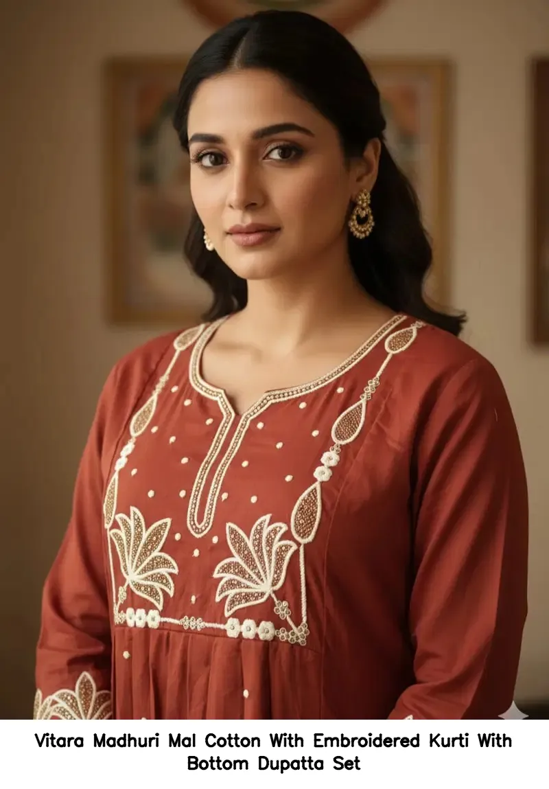 Vitara Madhuri Mal Cotton With Embroidered Kurti With Bottom Dupatta Set — Designer Readymade Suits, Vitara Fashion wholesale from Surat - Gallery Image 3