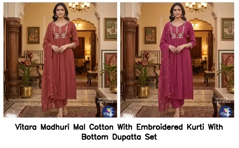 Vitara Madhuri Mal Cotton With Embroidered Kurti With Bottom Dupatta Set — Designer Readymade Suits, Vitara Fashion wholesale from Surat - Gallery Image 4