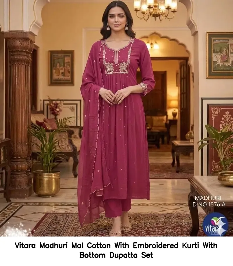 Vitara Madhuri Mal Cotton With Embroidered Kurti With Bottom Dupatta Set — Designer Readymade Suits, Vitara Fashion wholesale from Surat — view 5