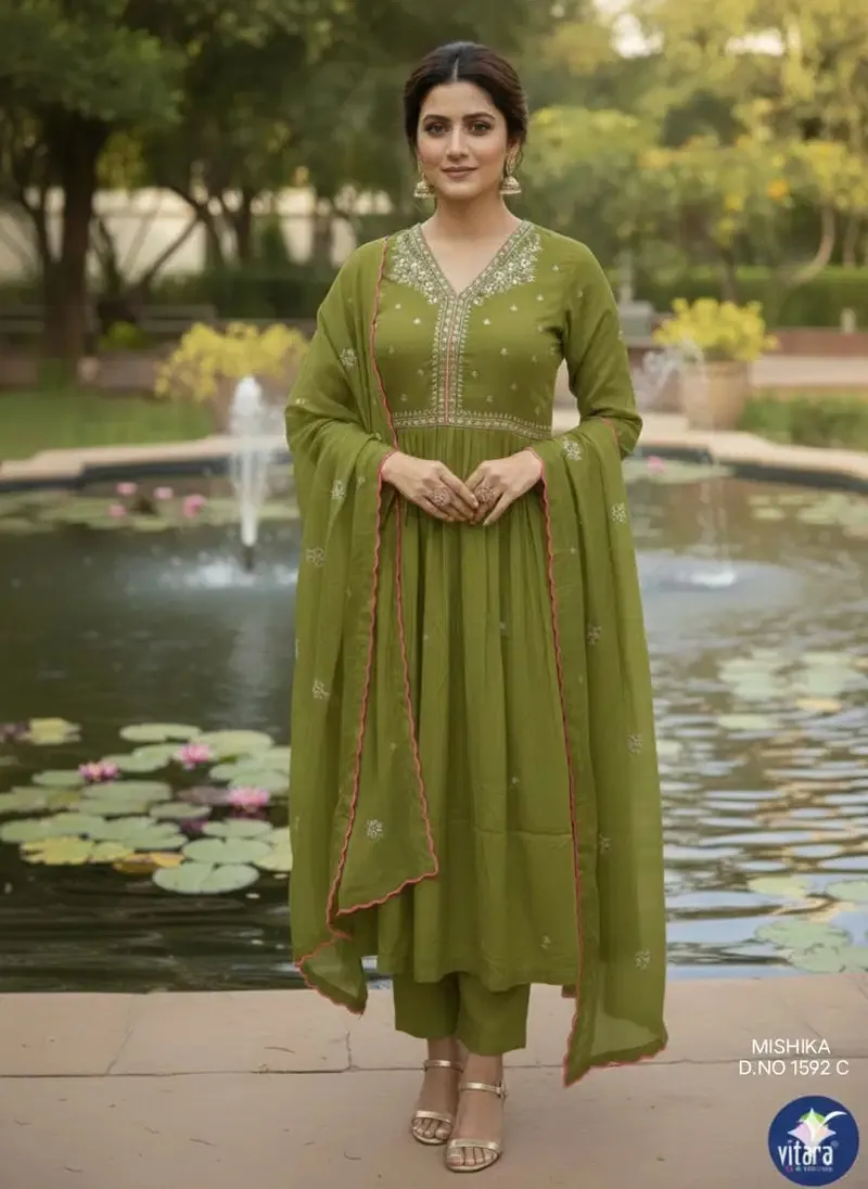 Vitara Mishika Mal Chanderi Embroidered Kurti With Bottom Dupatta sET