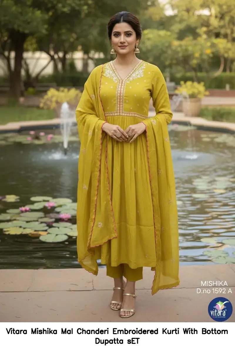 Vitara Mishika Mal Chanderi Embroidered Kurti With Bottom Dupatta sET — Wholesale Readymade Suit, Vitara Fashion wholesale from Surat - Gallery Image 2